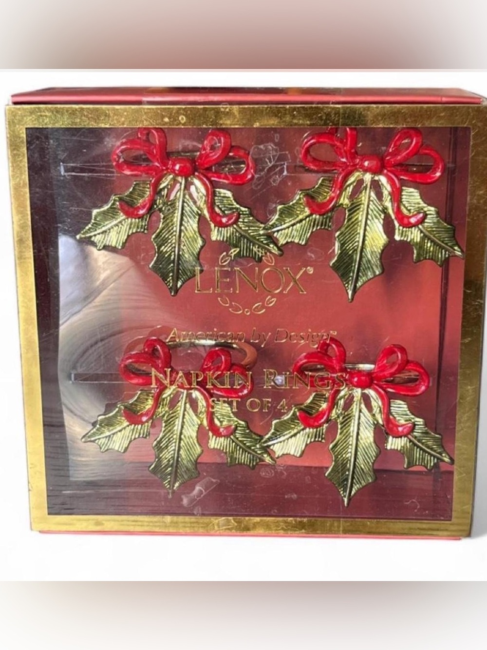 Lenox Gold and Red Holly Bow Napkin Rings - Set of 4